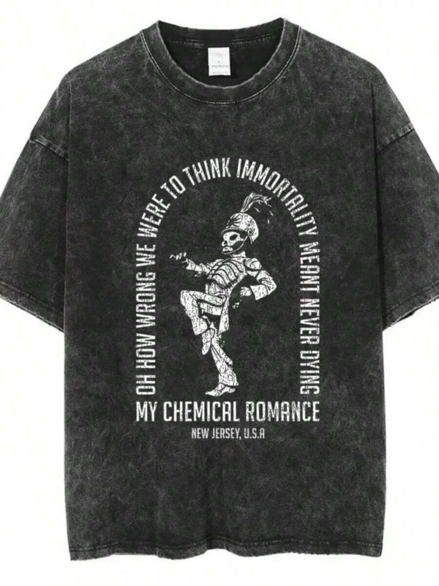 Rock Band My Chemical Romances  Washed T Shirts The Black Parade Men Women Punk Hip Hop Short SLEEs Ve Cotton T Shirt Oversized Tees - 黑色 - 查看 1