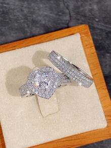 2 PC/Set Elegant Cubic Zirconia Ring For Women For Valentine's Day Gift Wedding Anniversary Party Jewelry