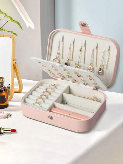 1pc PU Leather Jewelry Box, Snap Closure Jewelry Storage Case, Rings Pendant Earrings Necklace Organizer, Suitable For Holiday Beach Bathroom Bedroom Collection, Gift For Her, Girlfriend, Valentine's Day, Christmas, Halloween, New Year