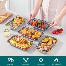 vancasso 6 Pieces Plate Set, Multicolour Set, Polychrome, Porcelain Dinnerware, Rectangular Dish For 6 Person, Ceramic Stamping In Bohemian Style, 8.5in - Nhiều màu - Xem 3