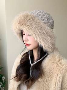 1 szt. puszysty mongolski futrzany kapelusz typu bucket hat dla kobiet, miękki i ciepły wzór futra chroni głowę i twarz przed zimnym wiatrem, regulowany ściągacz do różnych rozmiarów głowy, praktyczny i modny zimowy dodatek do codziennego noszenia