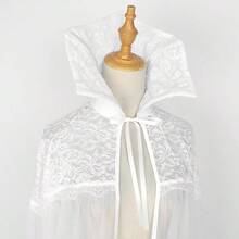 L'VOW Black Vampire Cloak With Lace Collar Women Standinng Collar Long Tulle Cape Gothic Cloak Halloween Witch Cosplaygift - 白色 - 查看 4