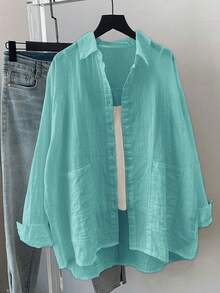 Plus Size Autumn Woven Shirt Collar Shirt, Dropped Shoulder Sleeve And Pocket, Casual Regular Length Top