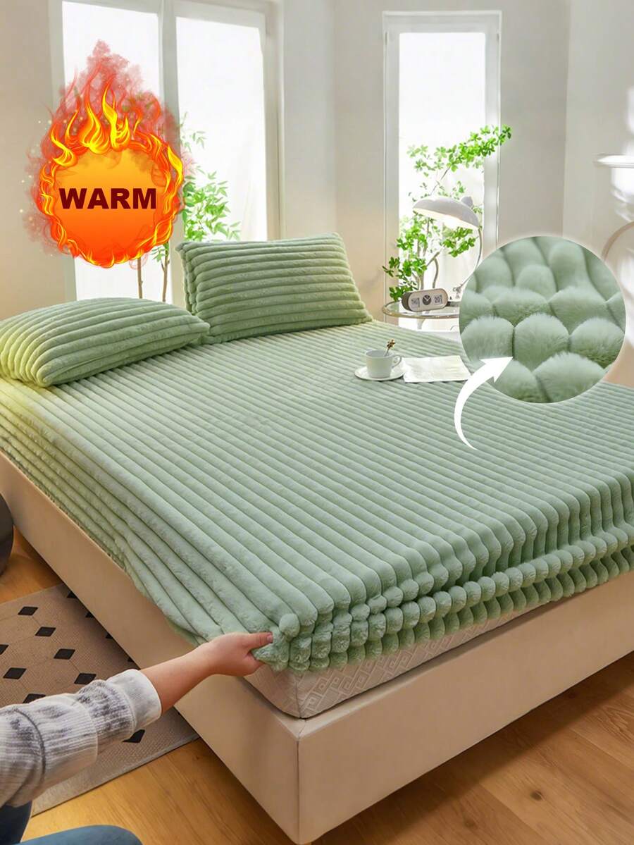 Bộ ga trải giường bằng vải lông cừu dày dặn, kẻ sọc, mềm mại và thoải mái, phù hợp cho phòng ngủ, ký túc xá, khách sạn, dùng cho giường đơn, giường đôi, giường cỡ Queen, giường cỡ King, mùa thu/đông/xuân. - màu xanh lá - Xem 1