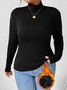 Plus Size Women's Solid Color Fleece Pullover, Warm & Comfortable Tight Fit Long Sleeve High Neck Casual Undershirt, Autumn/Winter - Black - View 2