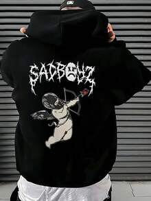 Envío desde China, entrega al día siguiente, sudadera con capucha para hombre, estilo otoño-primavera, diseño de estampado elegante, nuevo estilo estadounidense, corte holgado, estilo casual y deportivo a la moda. - Negro - Ver 1