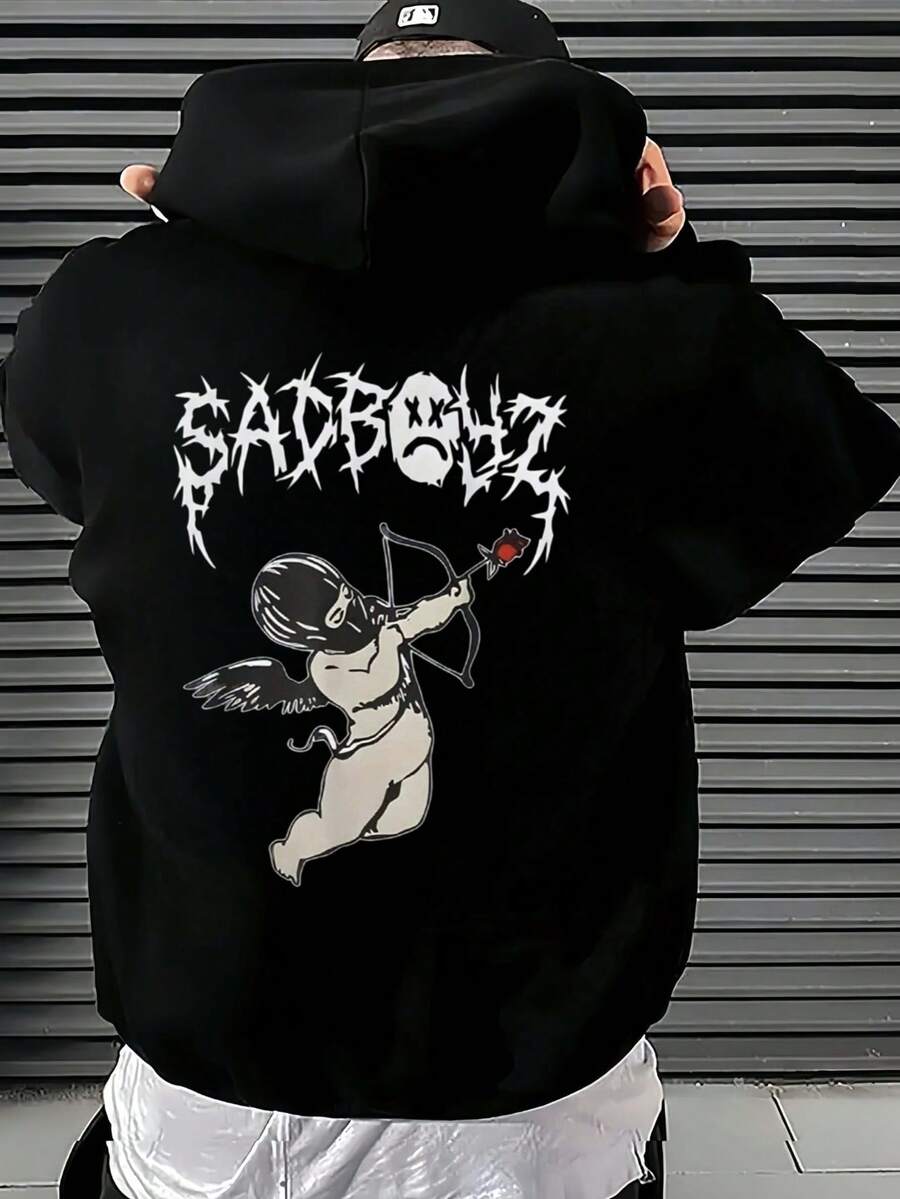 Envío desde China, entrega al día siguiente, sudadera con capucha para hombre, estilo otoño-primavera, diseño de estampado elegante, nuevo estilo estadounidense, corte holgado, estilo casual y deportivo a la moda. - Negro - Ver 1