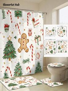 1/3/4pcs Wite Gingerbread For Man Christmas Tree Crutch Candy Shower Curtain Bathroom Set, Waterproof And Wear-Resistant Accessories,With 12 Hooks - Includes Toilet Seat Cover, Bath Mats, And Rugs - Non-Slip Polyester Fabric - Washable - Perfect For Holiday Decor,Home/Bedroom/House/Western Decor, - Multicolor - View 7