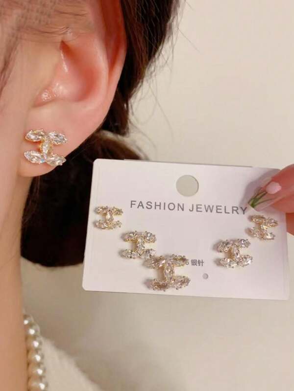 3 Pairs Fashion Personalized White 925 Silver Needle Double C Devil's Eye Stud Earrings, Micro-Inlaid Zirconia, Exquisite Gift Jewelry Suitable For Goddess