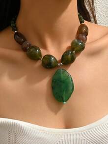 1条优雅波西米亚风串珠项链，绿/棕/米色树脂材质，适合海滩、派对等各种场合，四季皆宜。可单独购买，也可成套佩戴，打造叠戴效果。独特的树脂花朵吊坠项链，专为女性设计。树脂模具痕迹属正常现象。 - 彩色 - 查看 2