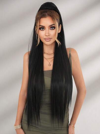 PIAOYUN 40 Zoll lange gerade Clip-In Haarverlängerung aus synthetischem Material mit Zopfgummi, natürlich aussehend, für Frauen und Mädchen, für Party und Alltag geeignet