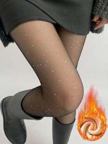 1条装 80克/220克/300克 女士性感闪光透明亮片黑色连裤袜，春秋冬三季商务性感保暖连裤袜，带保暖内衬，保暖打底裤 - 黑色 - 查看 1