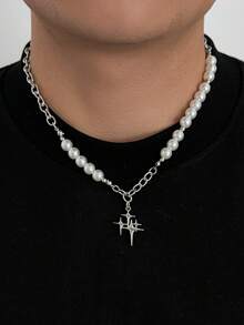 1 chiếc vòng cổ mặt thánh giá sọc tối giản cổ điển dành cho nam, vòng cổ trang trí hình ngôi sao bạc và dây chuyền, thiết kế tinh tế, phụ kiện phong cách đường phố, trang sức quyến rũ cho trang phục đại học - Trắng K - Xem 5