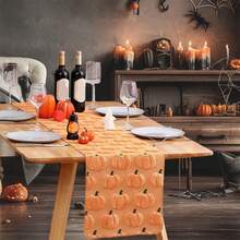 Camino de mesa de Halloween con diseño de calabaza afelpada, largo para comedor, cocina, decoración para fiestas de otoño en el hogar. - amarillo claro - Ver 5