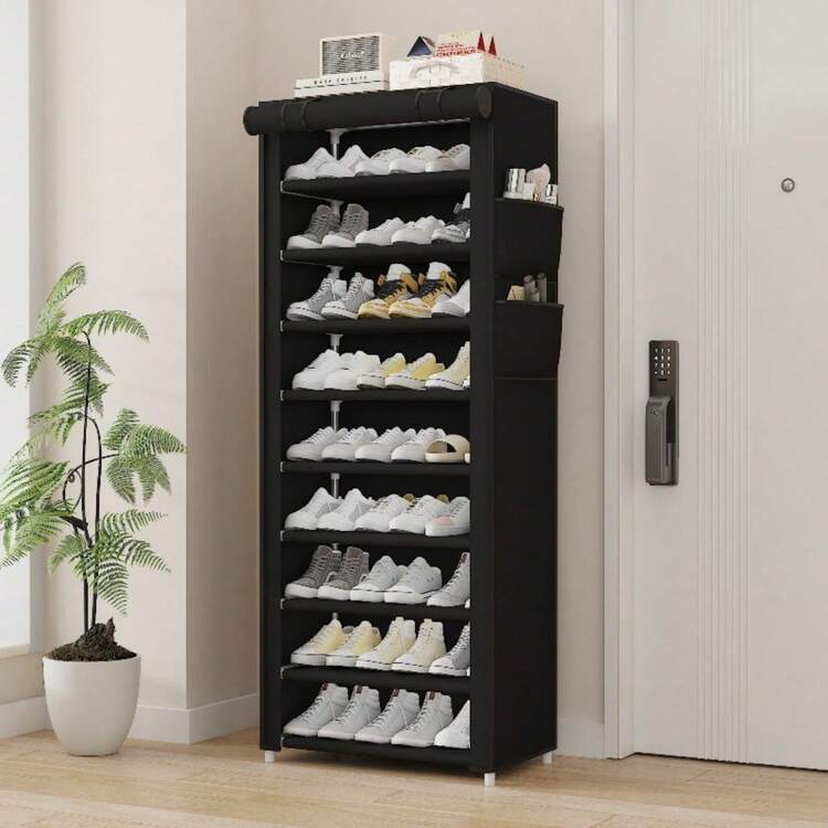 Yi Youyuan 6/8/10 Tier Black Metal Frame Shoe Rack With Breathable Cloth - No Assembly Required, Sturdy Stainless Steel Storage Design For Shoe Organizer - Space Saving Design, Suitable For Home, Dorm, Store - Freestanding, Easy To Install, Durable, Small Footprint Shoe Rack, Space Saving Shoe Shelf, Wardrobe Shoe Rack, Covered Shoe Rack, Home Organization, Dorm Essential, Freestanding Organizer, Compact Design, Durable Structure, Multi-Tier Shelves - Black - View 6