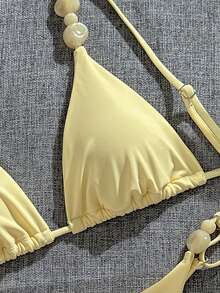 Ladies' New Summer Clothes - Elegant Vintage Sexy Romantic Rhinestone Embellished Wine Red, Aubergine, Deep Chestnut Red Ladies' Swimwear Bottoms, Holiday/Beach Wear Tie Bikini Bottoms Swimsuit - Light Yellow - View 6