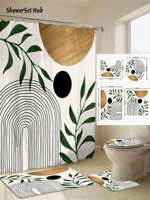 1/3/4 pièces Ensemble de rideau de douche médiéval, tapis de bain, couvre-siège de toilette et tapis de bain. Motif bohème abstrait de feuilles et d'arches. Accessoires modernes, imperméables et résistants à l'usure. Avec 12 crochets. Fabriqué en polyester antidérapant et lavable. Parfait pour la décoration de vacances, la maison, la chambre, le style occidental et Noël.