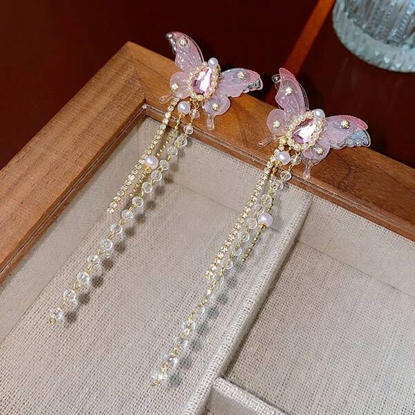 1 Pair Rhinestone Acrylic Butterfly & Water Drop Faux Pearl Chain Tassel Earrings (Note: Faux Pearl Quantity Is Random)