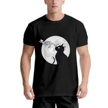 Camiseta unisex divertida de mano de esqueleto, gato y luna para Halloween - 220g% algodón, blanco y negro, manga corta, cuello redondo, gráfico de Halloween, regalo para hombres, mujeres, papá, mamá y amigos, tallas S- - Negro - Ver 1