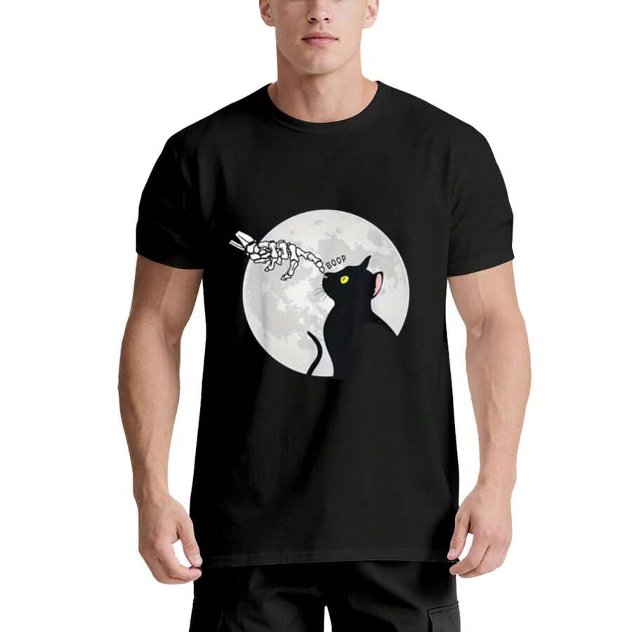 Camiseta unisex divertida de mano de esqueleto, gato y luna para Halloween - 220g% algodón, blanco y negro, manga corta, cuello redondo, gráfico de Halloween, regalo para hombres, mujeres, papá, mamá y amigos, tallas S- - Negro - Ver 1