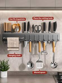 Estantería de almacenamiento de cocina, estantería de almacenamiento montada en la pared, sin necesidad de taladrar, equipada con ganchos, estantería de almacenamiento multifunciona, 1 pieza - Negro - Ver 3