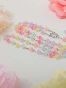 1pc Handmade Multicolor Beaded Cross Necklace, Rosary, Virgin Mary Medal And Jesus Cross Pendant