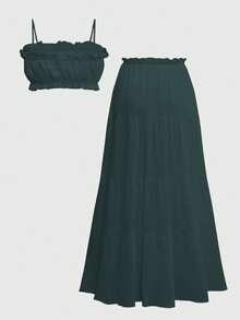 Look Polly 女士两件套，纯色无肩带吊带上衣和长裙，夏季/返校季穿搭，秋季 - 墨綠色 - 查看 5