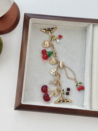 1pc Female's Women's Watch Bracelet Compatible With Apple Watch Band Love Cherry Pendant Gold Watch Strap,Compatible With Apple Watch 38/40/41/42/44/45/46/49 MM, Suitable For Ultra3/2/1/SE/11/10/9/8/7/6/5/4/3/2/1