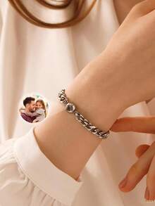 Customized Couple Projection Bracelet, Stainless Steel Cuban Link Projection Photo Bracelet, Personalized Colorful Photo Projection Jewelry, Memorial Photo Bracelet, Gift For Boyfriend, Father's Day Customized Gift - Round Cuban Chain 18+5cm - View 7