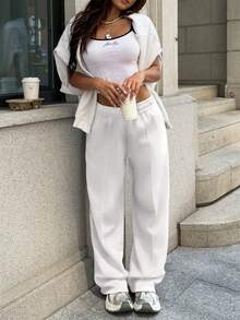Pantalones de chándal sueltos y casuales de unicolor con cintura elástica - Blanco - Ver 2