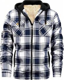 Men's Winter Fleece Warm Thick Plaid Jackets Heavyweight Cotton Hoodies Flannel Hooded Shirt JacketChristmas VTWT - A71藍 - 查看 1