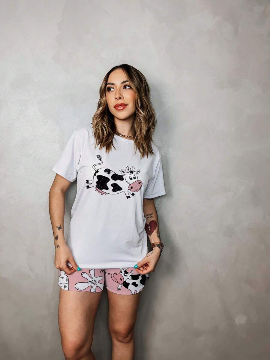 Women's Short Sleeve Pajamas With Milk Cow Print - trắng - Xem 1