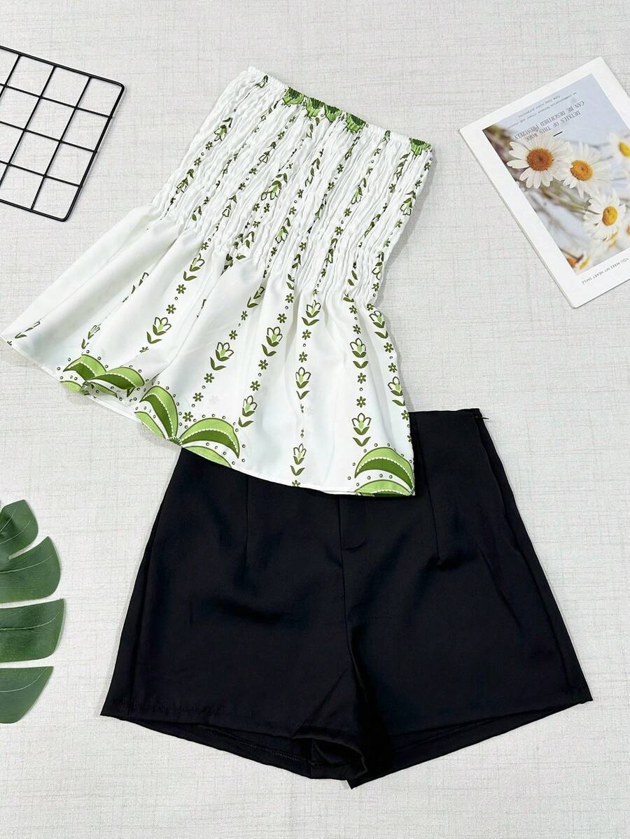 Women's Two Piece Set, Strapless Printed Top And Plain Shorts, Casual Summer Outfit - Verde and Preto - View 1