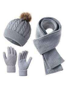 3pcs Winter 2025 New Women Thick Knitted Beanie Hat, Scarf & Gloves Set, Outdoor Cycling Warm 3 PiecesSuit, Solid Color Valentines Gift - Multicolor - View 4