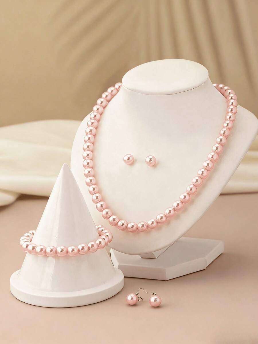 3 Pieces Pearl Style Necklace Bracelet Earrings Set For Women Girls Adjustable Hypoallergenic Jewelry Gift For Teen Girls Daughter Birthday Party Luxury Gift Boxed - Hồng - Xem 1