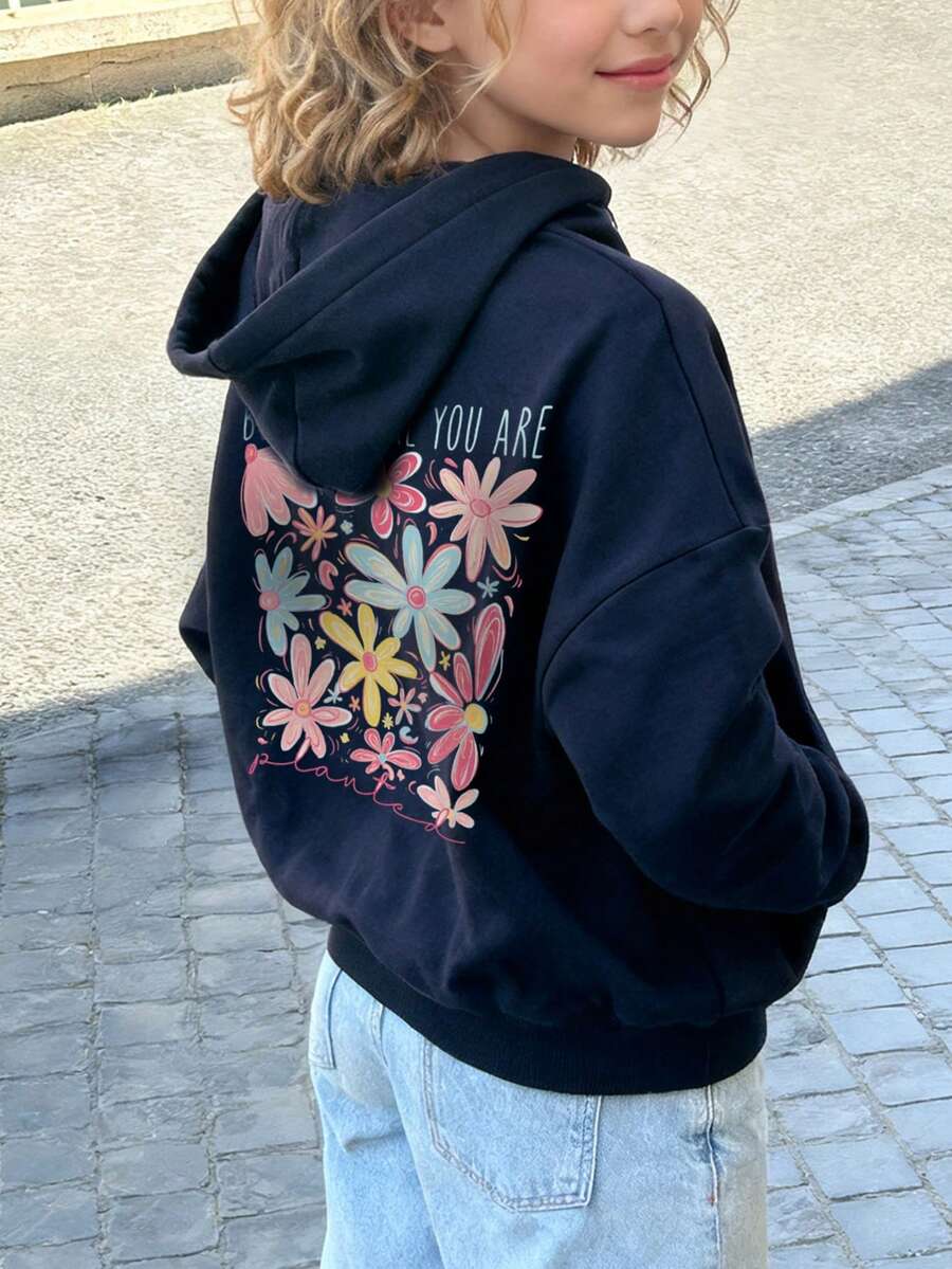 1件少女休闲印花套头卫衣，保暖内衬，长袖，秋冬季学生青少年服装