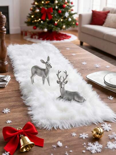 1 pieza Camino de mesa de felpa suave de imitación de piel, decoración navideña de invierno para el hogar, cubierta de mesa de fiesta navideña para mesa de café y cómoda, decoración festiva blanca esponjosa para cumpleaños, mantel con tema navideño, decoración de mesa de cocina y comedor para fiestas en el hogar, decoración de habitación, decoración de fiesta navideña, uso en interiores/exteriores