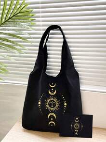 Torba na ramię z płótna z nadrukiem słońca, księżyca i gwiazd, czarna torba z nadrukiem i mała czarna torebka, prezenty walentynkowe, spersonalizowana torba na prezent ślubny dla druhen, kosmetyczka, prosta torba podróżna do przechowywania, odpowiednia na zakupy, podróże i wakacje, idealna na prezent dla rodziny i przyjaciół, prezent na Dzień Matki - Wielokolorowe - Zobacz 8