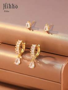 Hihho Set de 4 piezas de aretes de botón con zirconia en forma de lágrima, aretes de uso diario de calidad