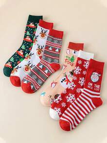 6 Pairs New Plus Size Christmas Socks Set, Mid-Calf Santa Claus Cute Cartoon Socks