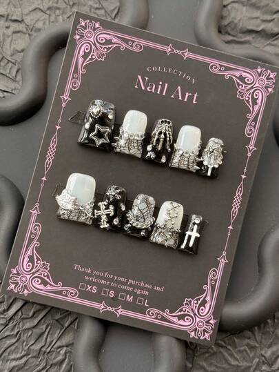 10 Y2K Style Nail Kits Handmade Press On Nails Featuring Gothic Style, Striped French Tips, And Beautifully Matched Accessories Such As Crosses, Kittens, And Stars. The Marble Hand-Painted Effect Acrylic Nails Make Them Suitable For Women And Girls For Parties, Daily Wear, And As A Gift For Nail Supplies.