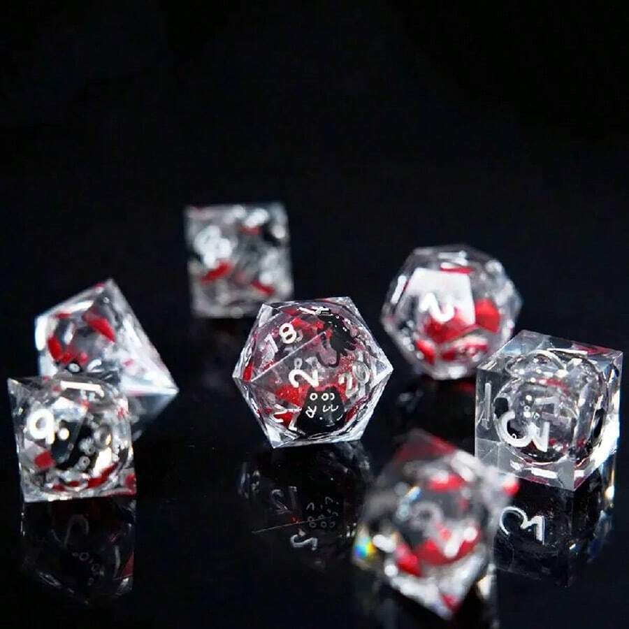 1 Bộ xúc xắc D&D chứa chất lỏng hình mèo đen, 7 xúc xắc nhựa D&D, xúc xắc nhập vai cạnh sắc - Màu Đỏ Sâu - Xem 1