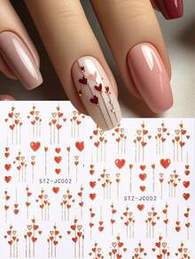 2pcs Red Heart Shiny Golden Stripe Line Valentine's Day Nail Art Stickers & Decals French Tips Nail Charms Decorations DIY Wedding Holiday Nail Supplies - 紅色+金色 - 查看 1