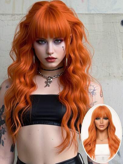 clouder Gothic Punk Orange Water Wave Curly Wig 26 Inch Long Wavy Wig With Bangs Halloween Christmas Wig Street Punk Wig Women's Synthetic Heat Resistant Fiber Wig Suitable For Daily Cosplay Party Music Festival Y2K Wig Avant-Garde Preppy Wig Modern Fashion Punk Wig