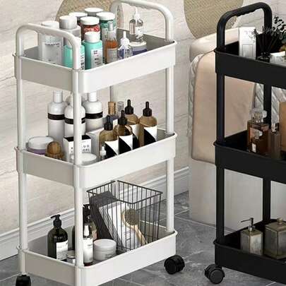 1个节省空间的塑料收纳架，浴室整理架，多层落地式置物架，可用于放置洗漱用品、书籍，适用于办公室、厨房、客厅等场所，可移动且易于组装，是浴室、厨房、办公室、书房、客厅的理想之选，也是节日送礼佳品。