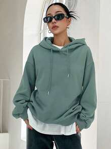Grafik Sweatshirt, Herbst Damen Kleidung, Drop-Shoulder Hoodie, Fleece gefütterte Winter Drop-Shoulder Oberteile, Neuheiten in Kapuzenpullovern und Sweatshirts - Matcha Grün - Übersicht 3