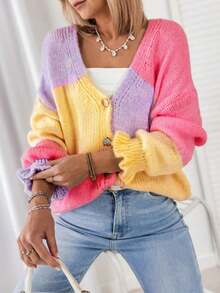 Women's Contrast Color Drop Shoulder Long Sleeve Casual Knit Cardigan, Autumn/Winter - Multicolor - View 3