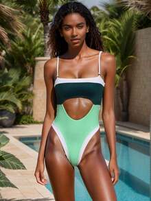 1pc Colorblock Cut Out High Rise Swimsuit Contrast Binding Bandeau Women One-Piece Swimwear For Summer Beach Pool Travel Vacation