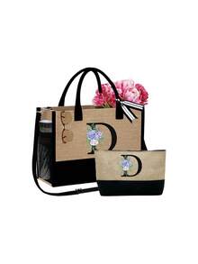 2pcs/Set Women's Beach Tote Bag With Shoulder Strap, Beach Hat And Cosmetic Bag, Personalized Letter A-Z Beach Accessory Bag With Side Pocket, Ideal Gift For Women, Mothers, Teachers, Friends, Bridesmaids, Students, Suitable For Beach Vacation, Outdoor Wedding, Birthday, Holiday, Large Capacity For Weekend Getaway - Multicolor - View 27