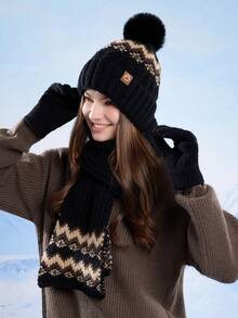 3pcs/2pcs Women Jacquard Hat, Scarf And Gloves Set, Thick Knitted Warm Winter Hat, Neck Warmer Scarf, Christmas Gift For Women, Autumn/Winter Skiing, Cycling, Hiking, Mountaineering Accessories, Christmas Present Valentines Gift - Multicolor - View 6